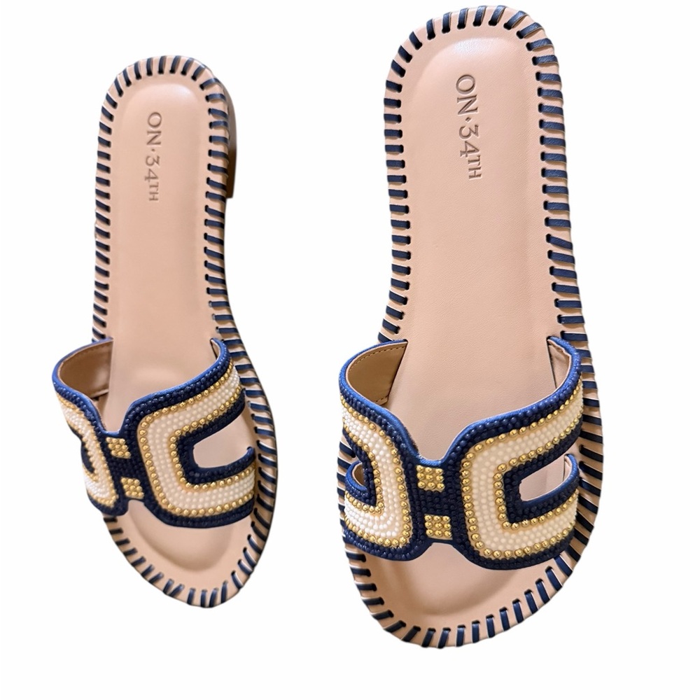 🌼💚NIB ON 34th Women's Navy and Gold Slide Sandals - Picture 2 of 6